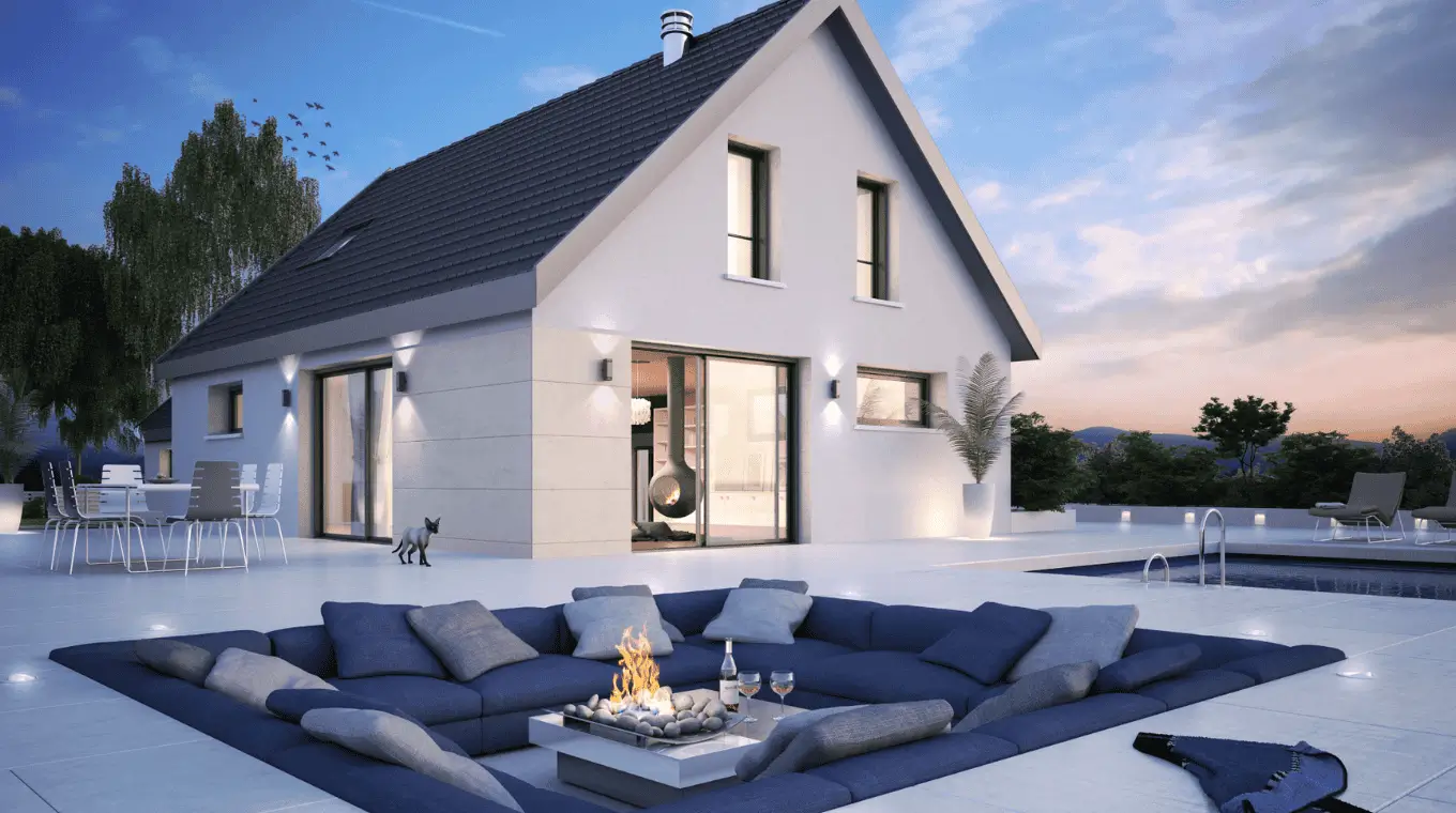 Maison moderne avec toit à deux pans, piscine et espace détente