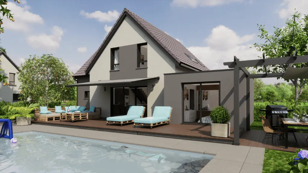 Maison contemporaine après extension avec terrasse et piscine, Stéphane Berger Alsace