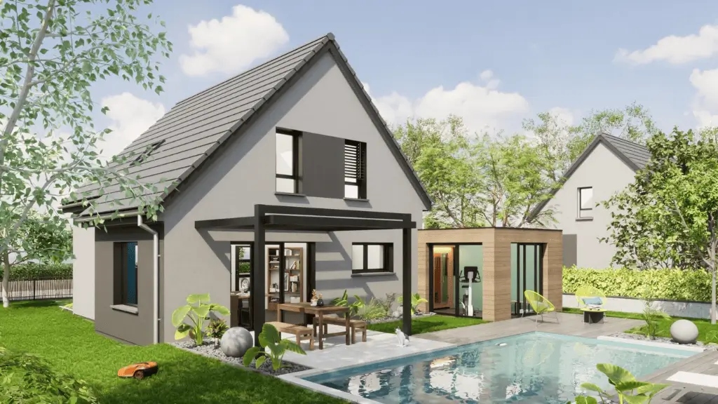 Maison évolutive avec extension bois moderne, piscine et terrasse – Stéphane Berger Alsace