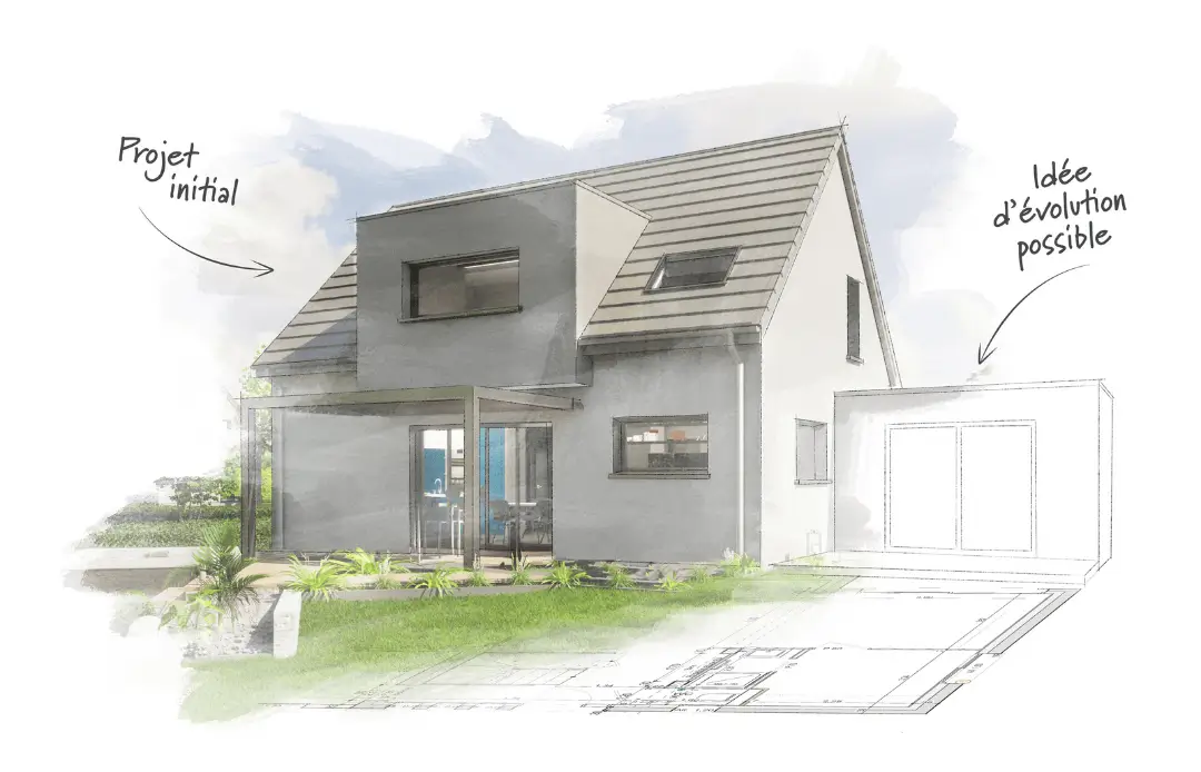 Illustration d’une maison traditionnelle évolutive avec plan d’extension possible par Stéphane Berger en Alsace