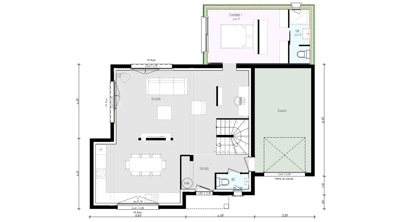 Plan 2D du rez-de-chaussée d’une maison évolutive avec extension pour chambre supplémentaire, Stéphane Berger Alsace