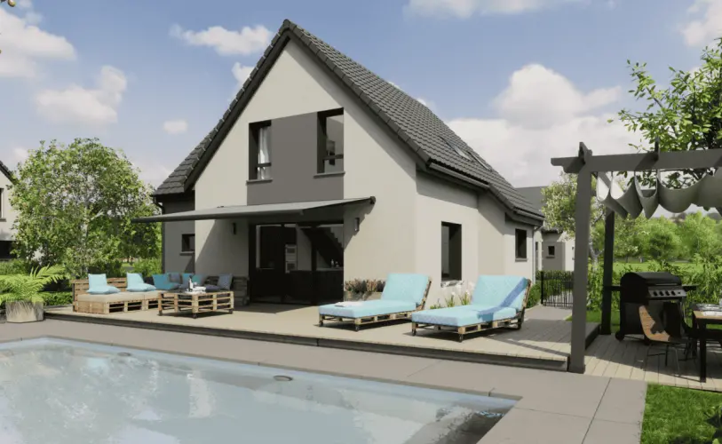 maison contemporaine toit deux pans avec piscine et grande terrasse