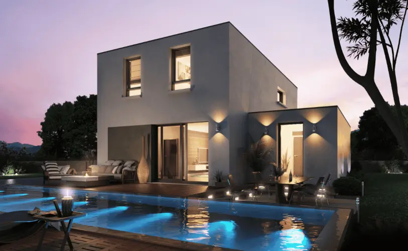 maison architecture avec toit plat baies vitrees et grande piscine au crepuscule soir