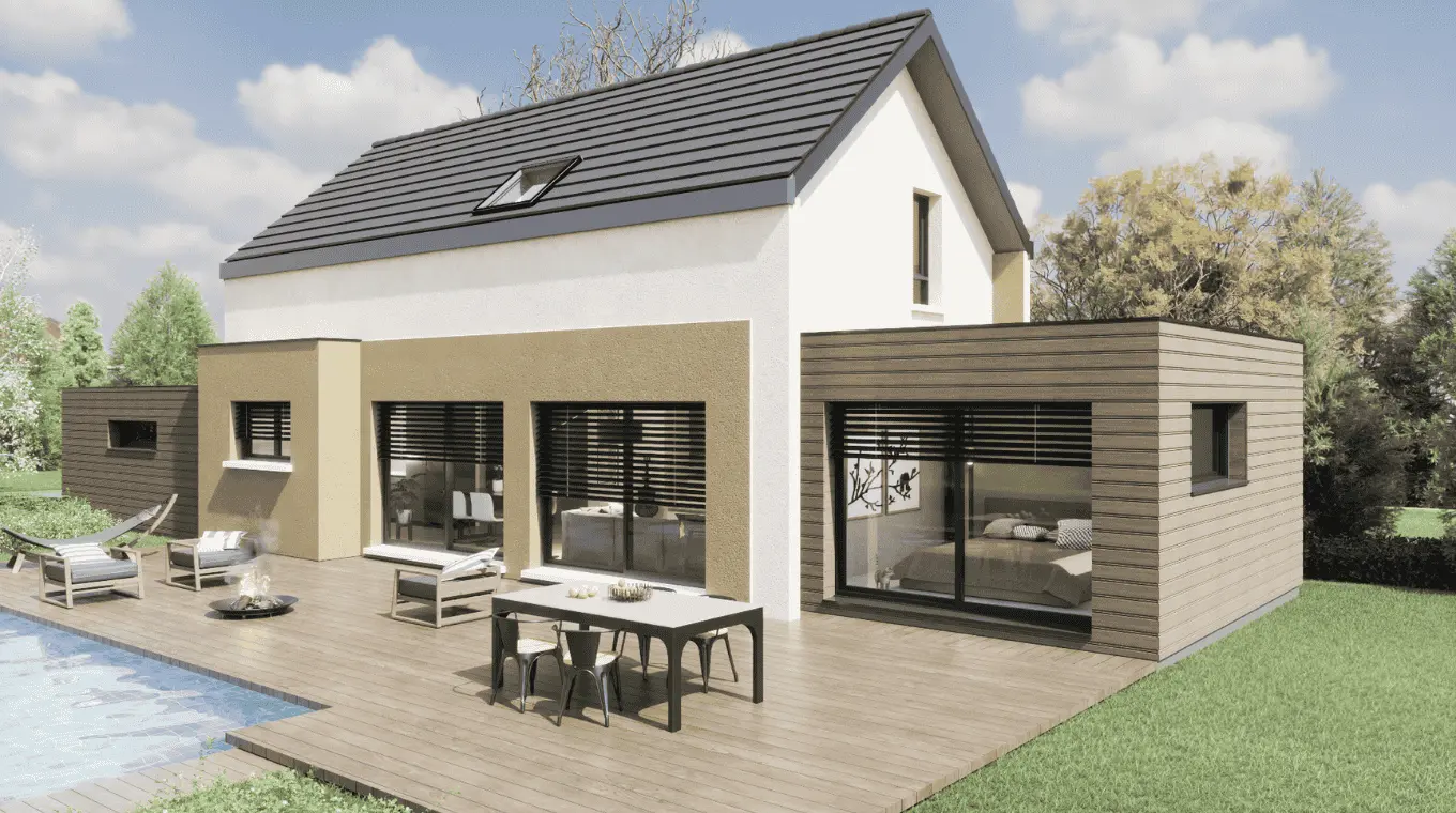 maison contemporaine et evolutive vue arriere avec terrasse et piscine