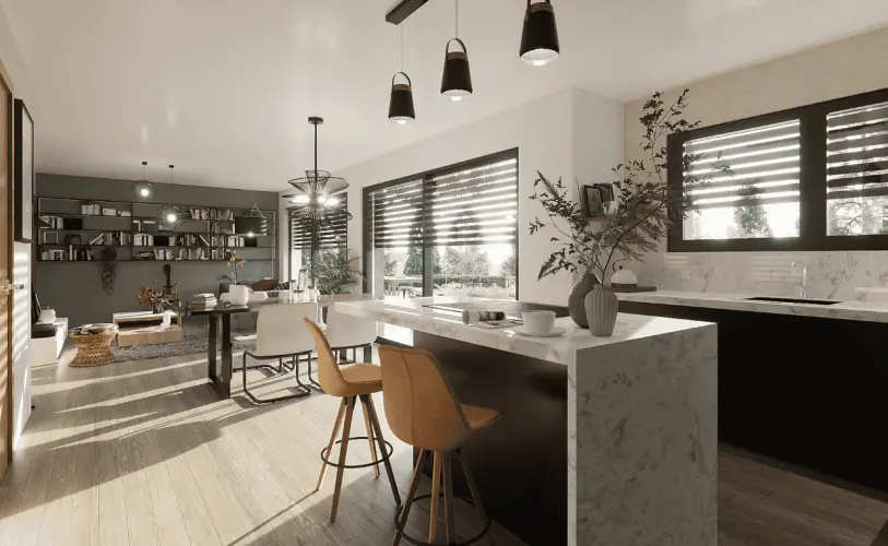 cuisine design avec baies vitrees et lumiere naturelle