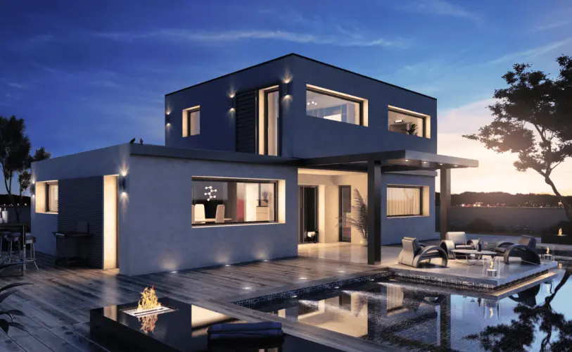 maison architecte vue arriere toit plat et grande piscine au crepuscule soir