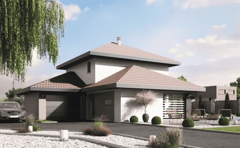 maison architecte toit plat avec garage et grande allee