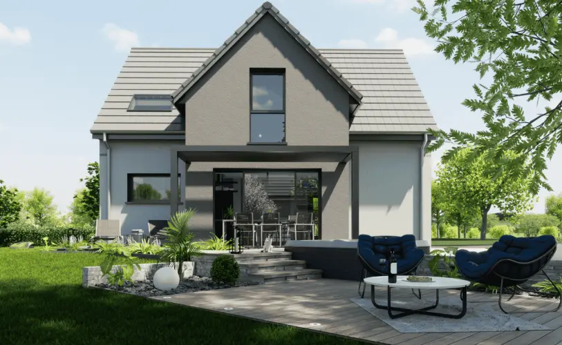 maison architecte toit deux pans avec pergola et terrasse amenagee