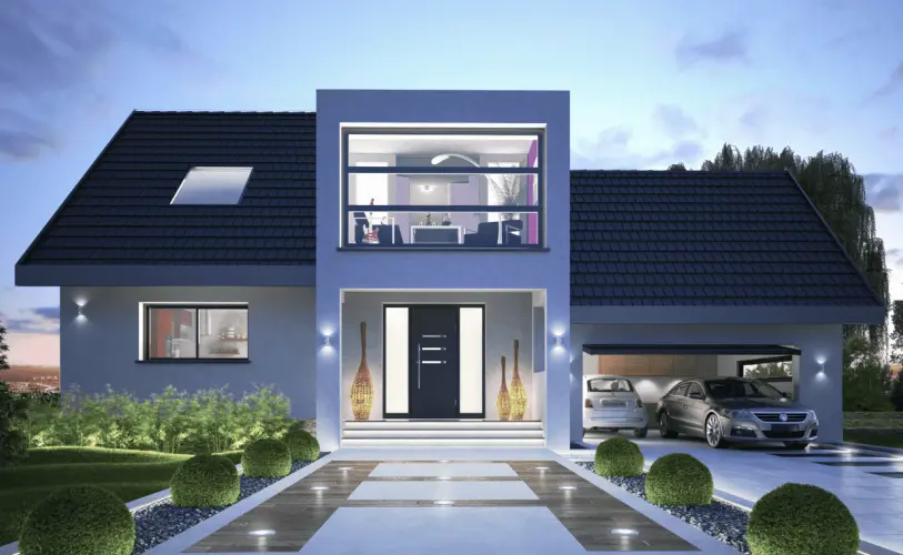 maison architecte toit plat toit deux pans avec entree design baies vitrees et garage