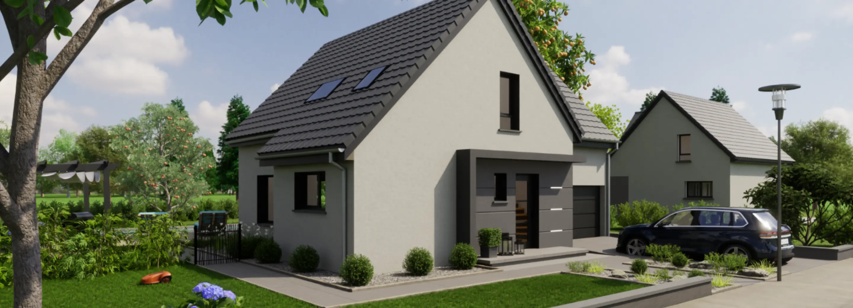 maison moderne toit deux pans avec garage