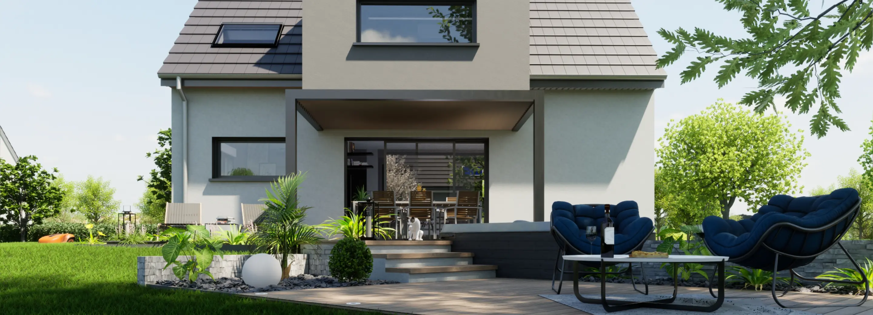 maison moderne avec decroche cubique et terrasse couverte