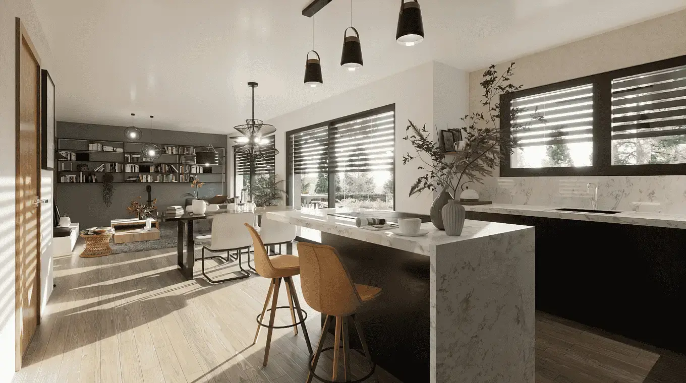 Cuisine design avec îlot central et lumière naturelle