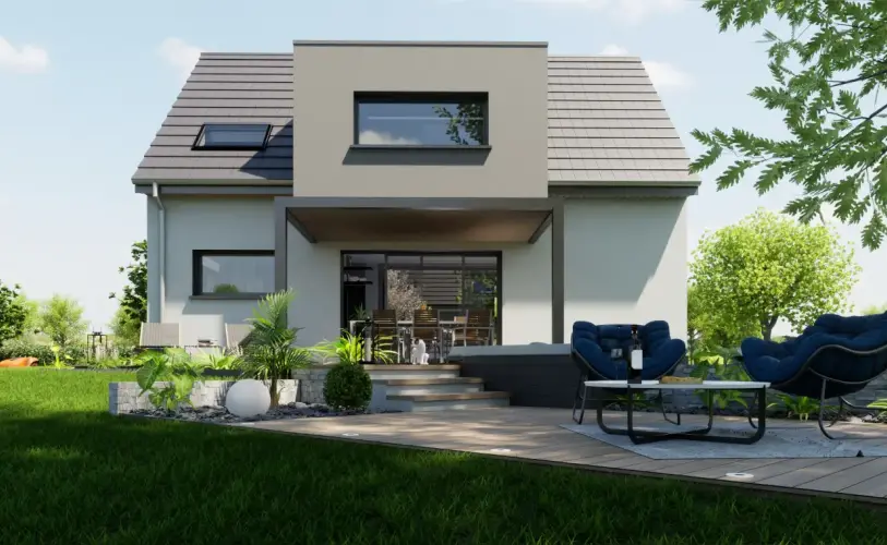 Maison moderne avec décroché cubique et terrasse couverte