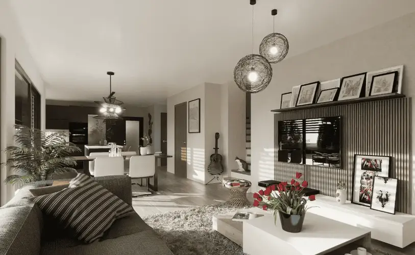 Pièce de vie moderne et lumineuse avec décoration contemporaine