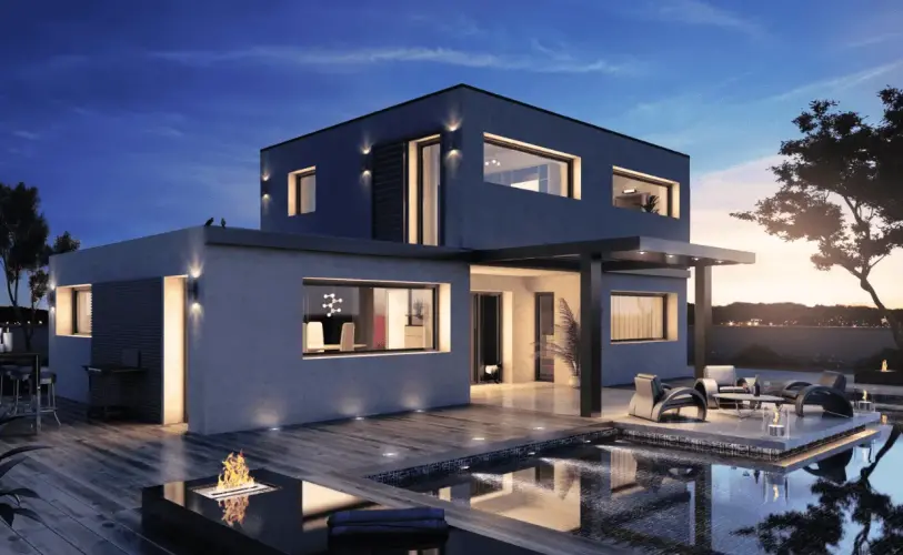Maison d’architecte contemporaine avec piscine éclairée au crépuscule