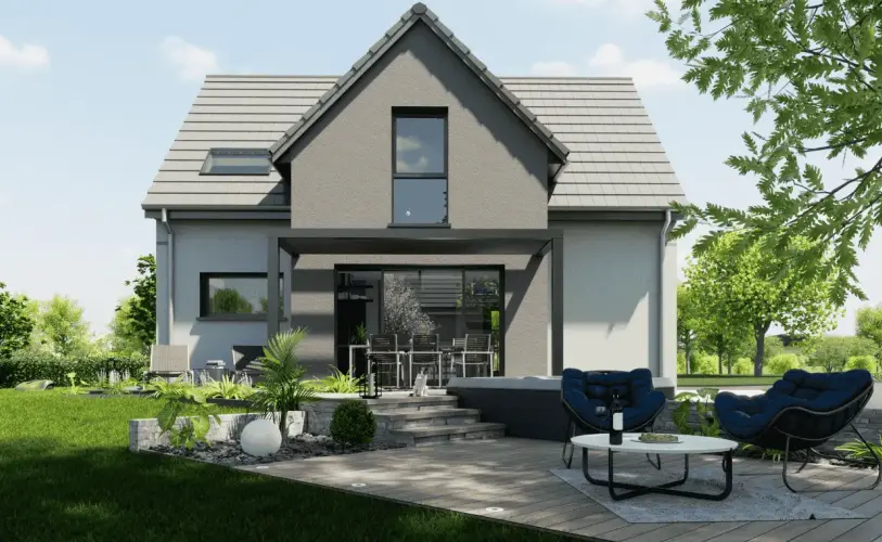 Maison moderne avec toit à deux pans et terrasse avec pergola