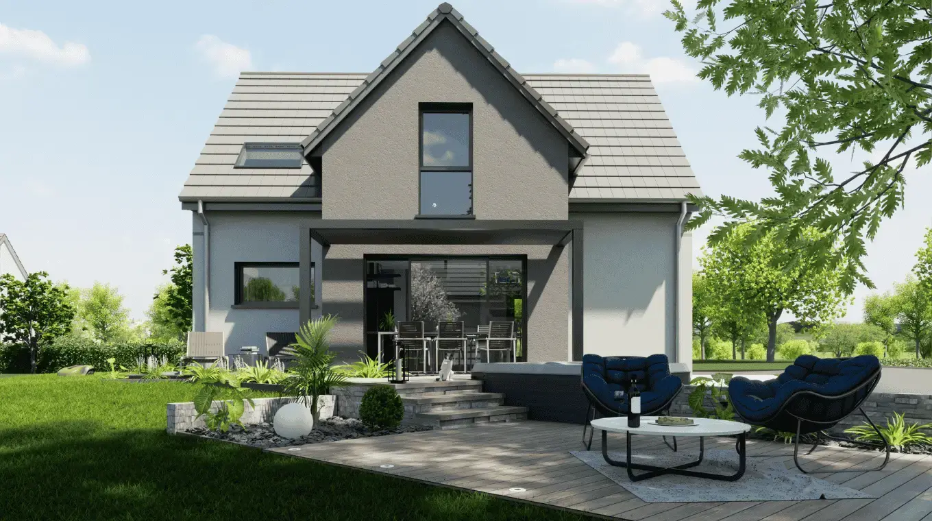 Maison moderne avec toit à deux pans et terrasse avec pergola