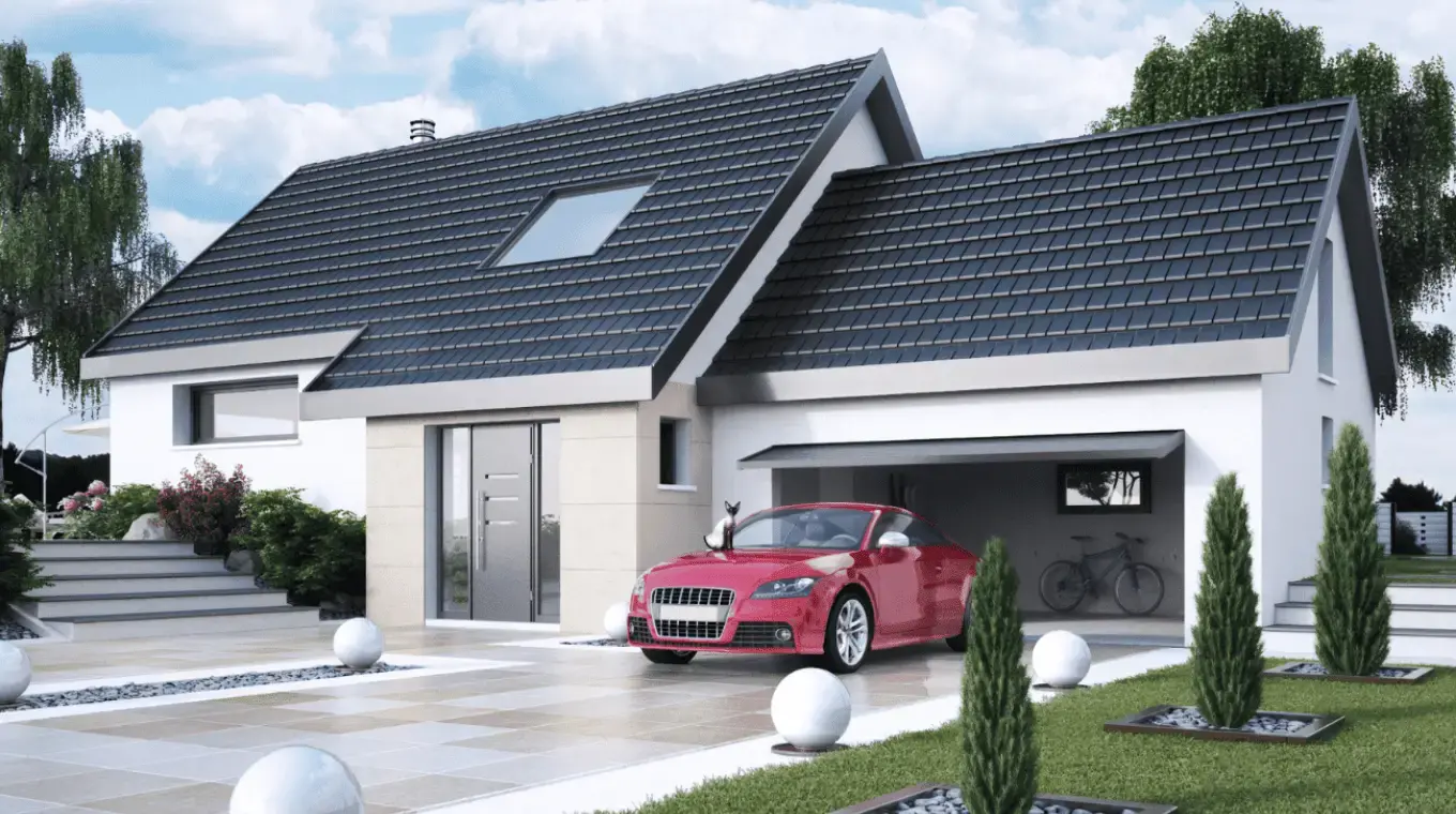 Maison individuelle avec double toiture moderne et cour carrossable