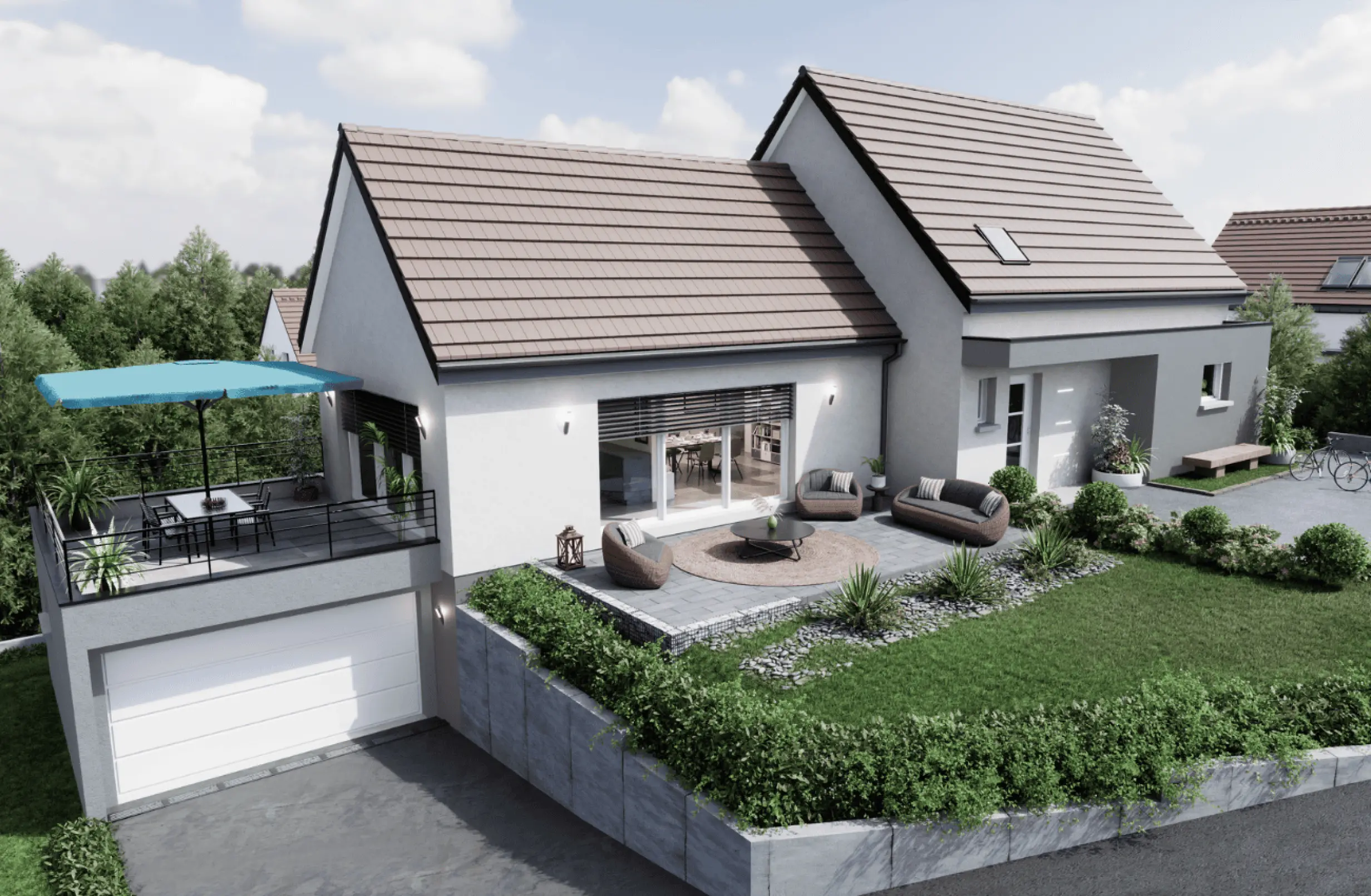 maison moderne double toiture avec garage