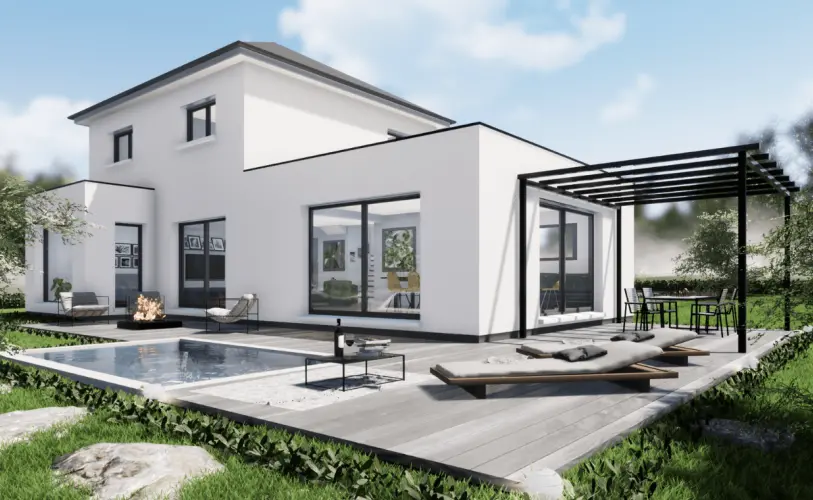 maison architecture toit plat pergola et piscine