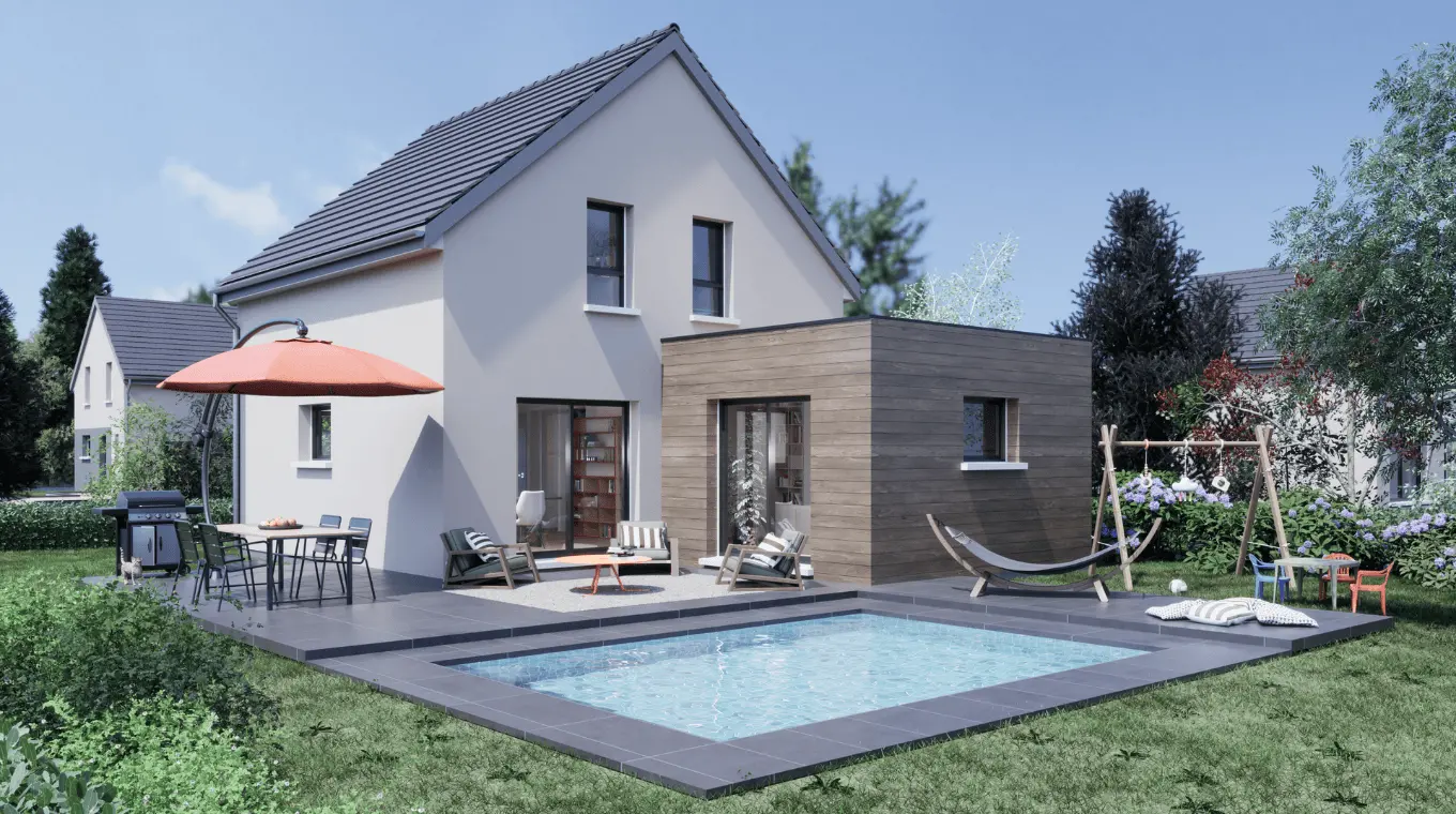maison moderne toiture traditionnelle evolutive avec piscine