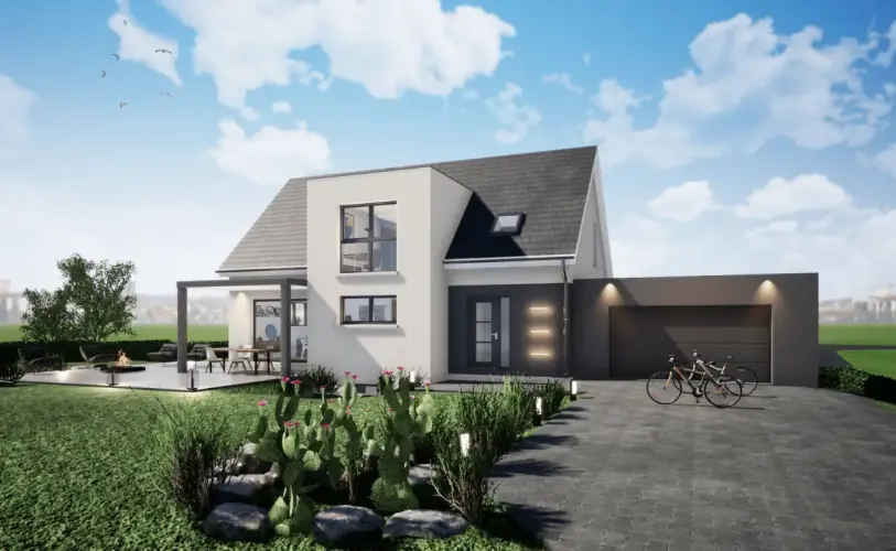 Maison contemporaine avec toiture traditionnelle et volume cubique