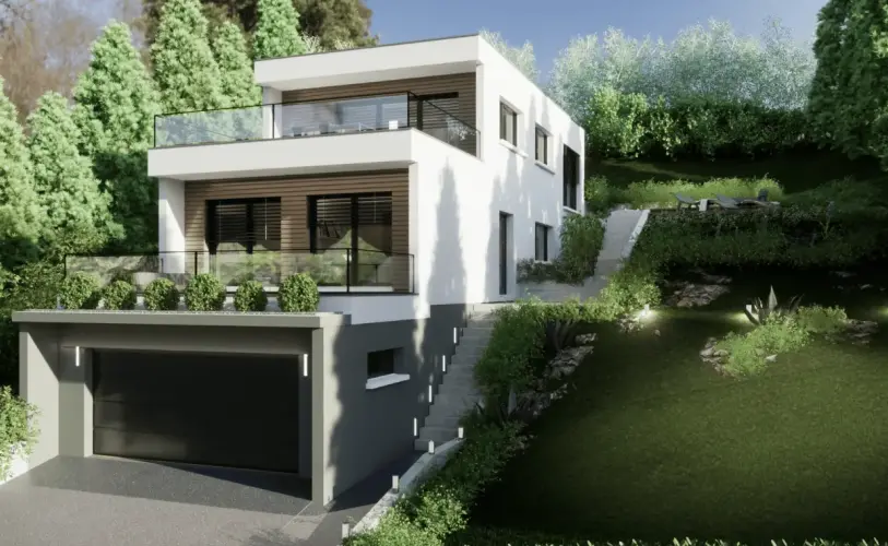 Maison contemporaine à toit plat construite sur terrain en pente