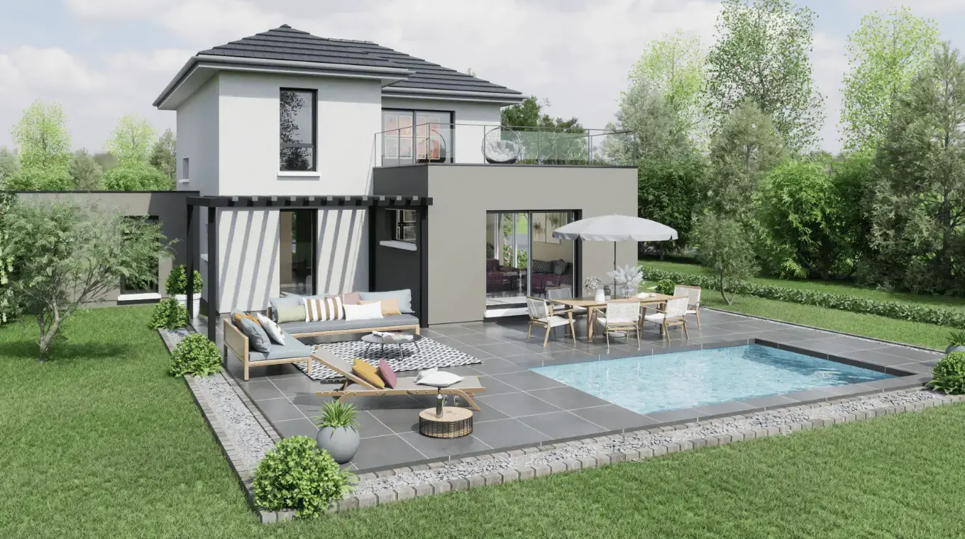 Maison moderne à toit plat avec terrasse design et piscine