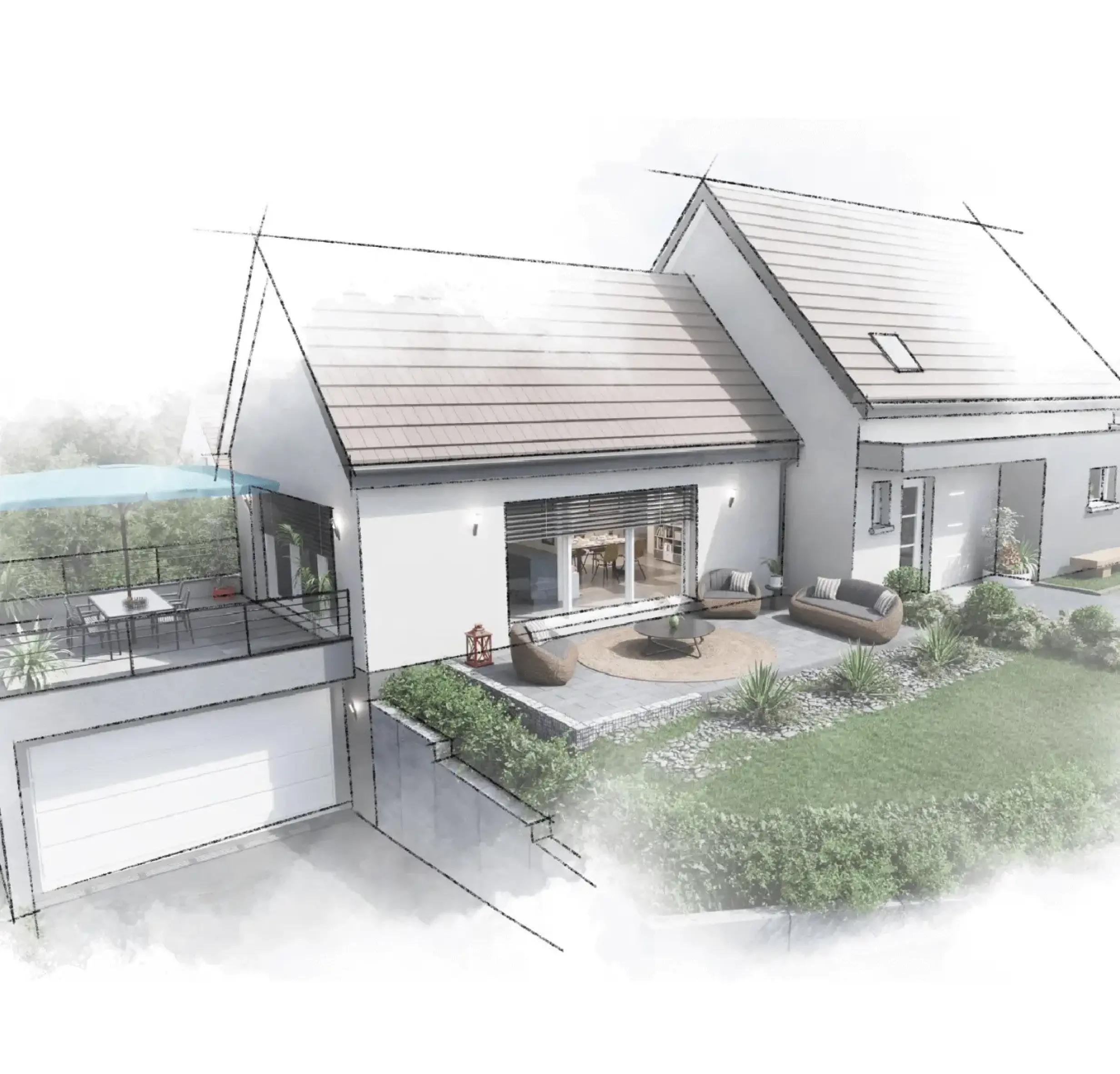 Illustration d’une maison moderne à double toiture imaginée par Stéphane Berger