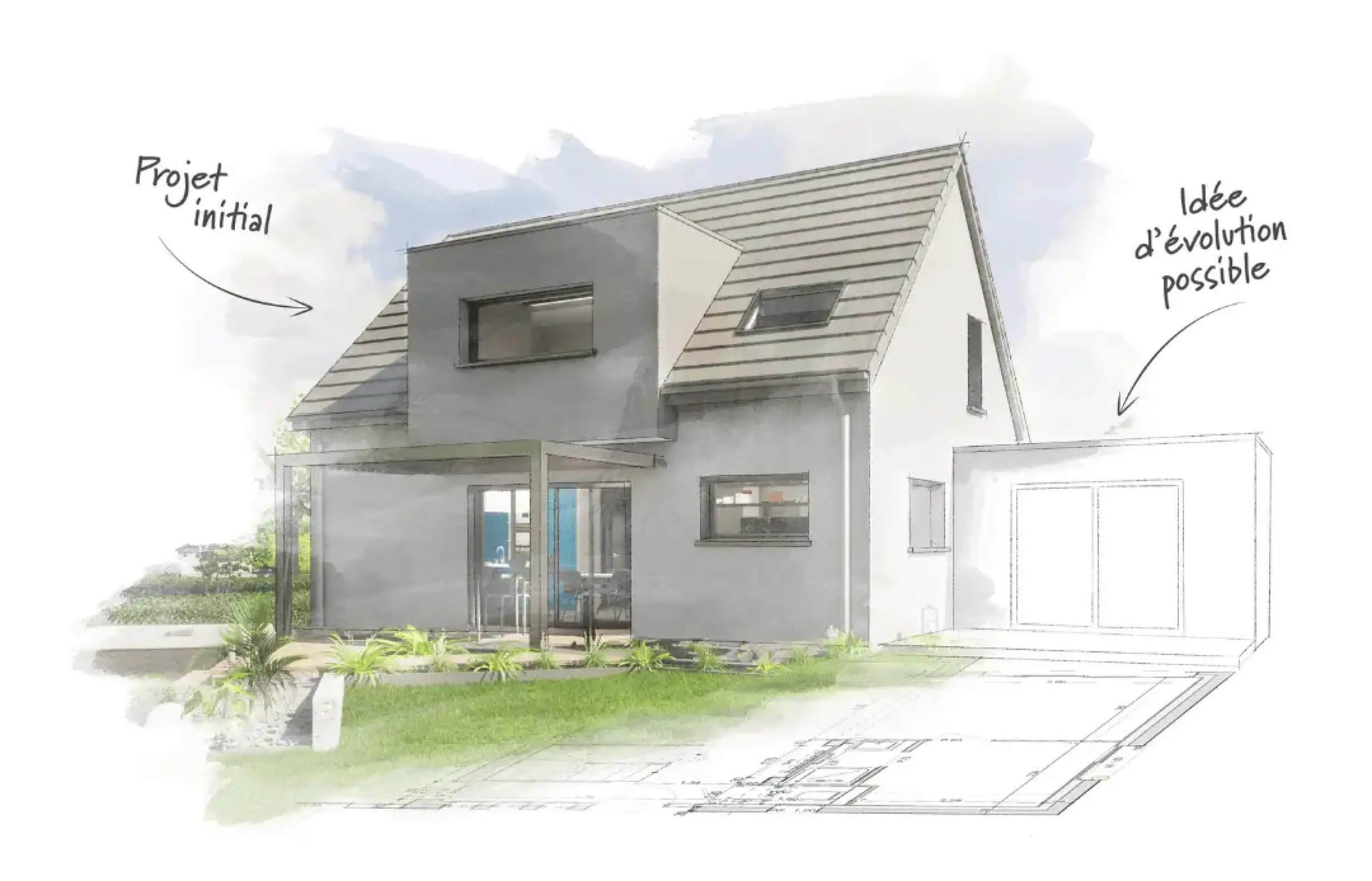 Illustration d’une maison traditionnelle évolutive avec plan d’extension possible par Stéphane Berger en Alsace